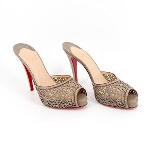Christian Louboutin Pampas Mule Sandals Size 38.5 US 8.5 Beige Laser Cut Heel